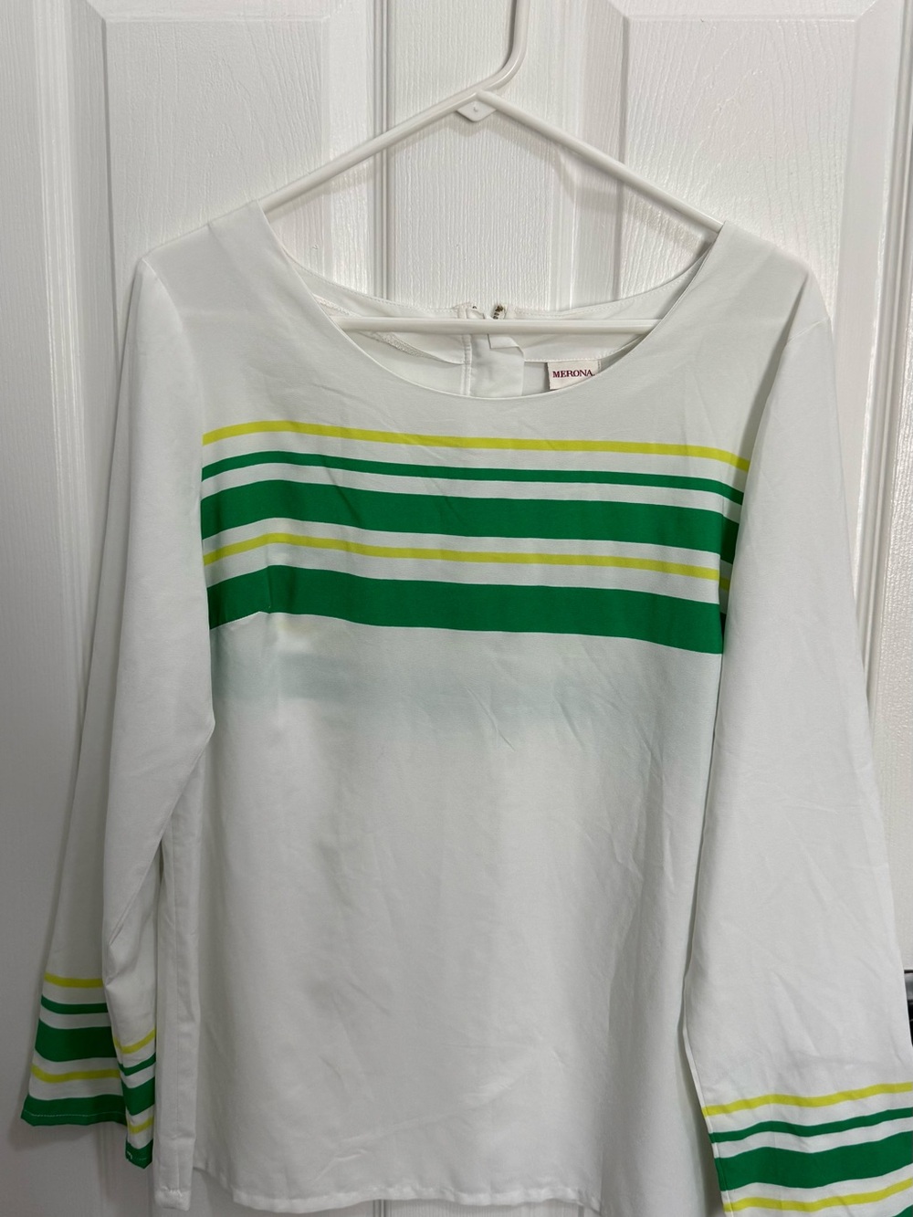 Merona White Top with Green and Lime Stripe Accents
